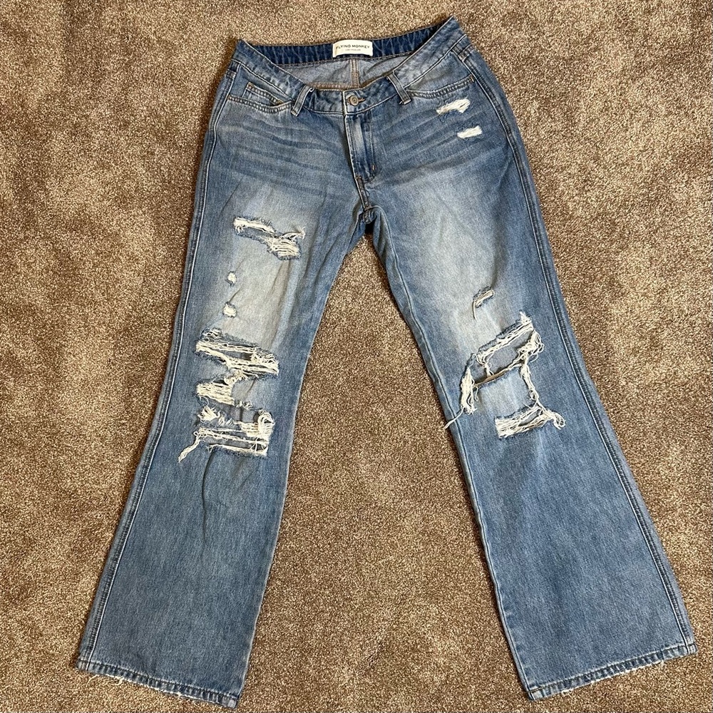 Flying Monkey Distressed Flare Jeans in Blue